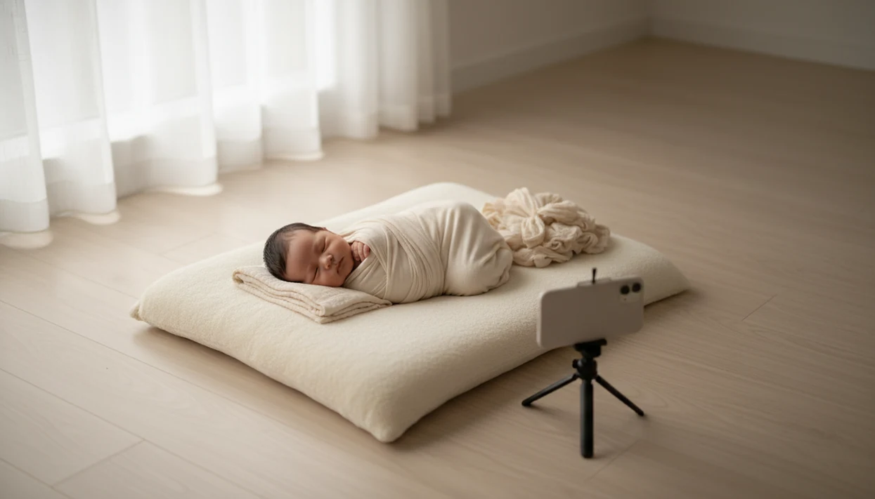 A swaddled newborn rests in soft window light while an iPhone on a tripod is set up for photos.