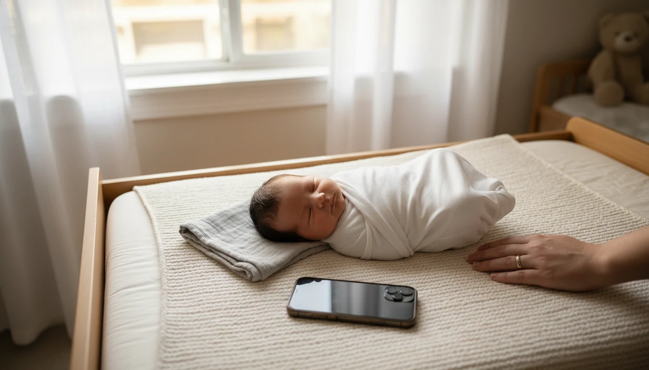 A swaddled newborn rests safely near soft window light with a phone ready for simple home photos.
