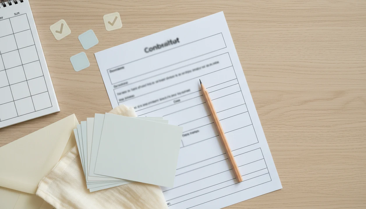 A flat lay shows baby photo prints, a blank contest form, pencil, calendar, and checkmarks.