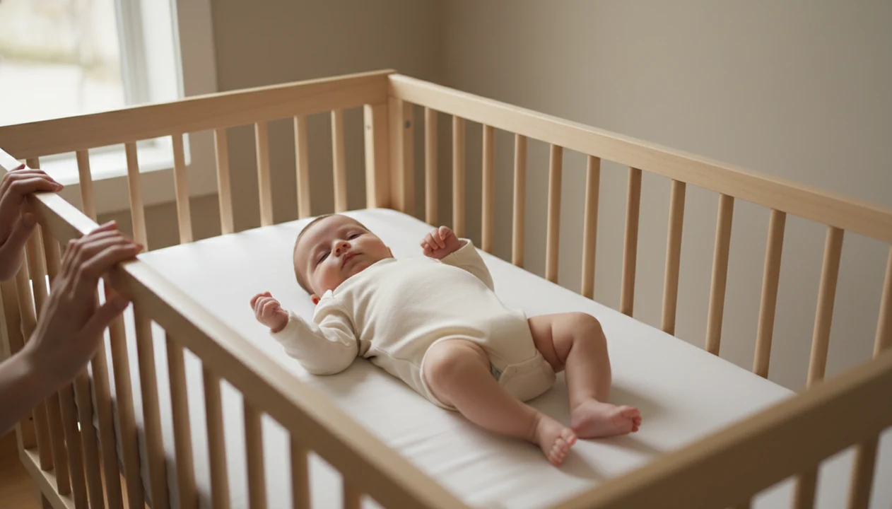 A baby rests safely on a simple crib mattress with soft window light and a caregiver nearby.