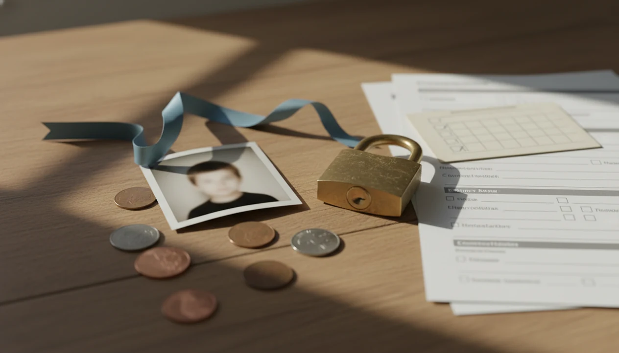 A baby photo, ribbon, coins, lock, and blurred rules symbolize contest tradeoffs.