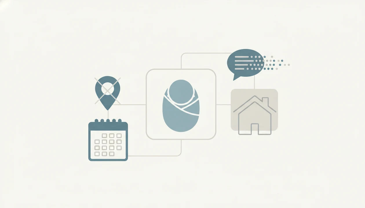 Minimal privacy checklist illustration with a baby photo frame, crossed-out location pin, calendar, and hidden home icon.