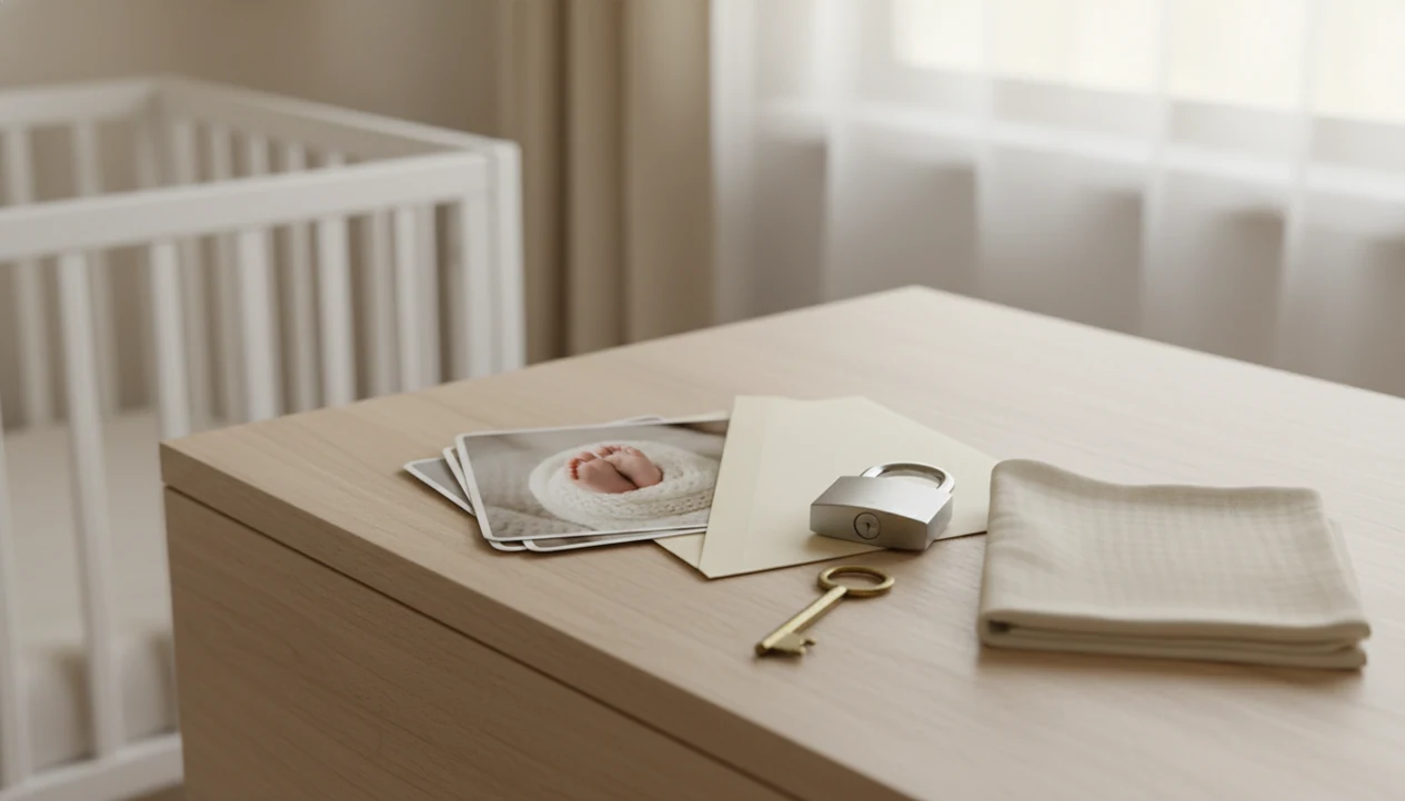 Baby photo prints partly tucked into an envelope beside a padlock and key in a softly lit nursery.
