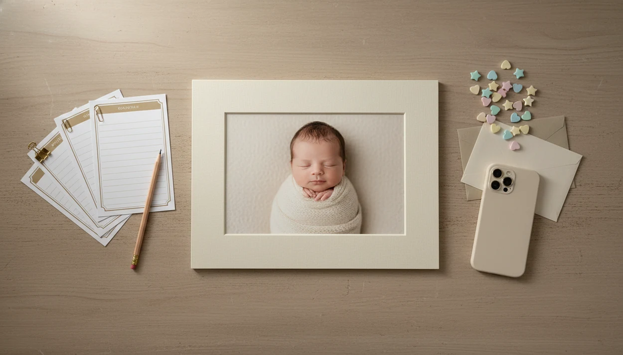 A newborn photo sits between blank judging cards and voting tokens on a calm neutral desk.