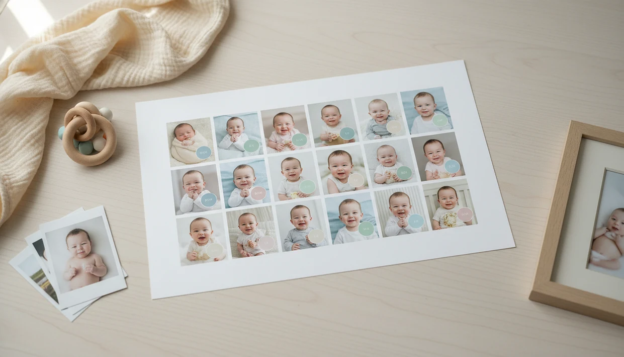 A printed baby milestone photo grid lies on a nursery desk with keepsake props around it.