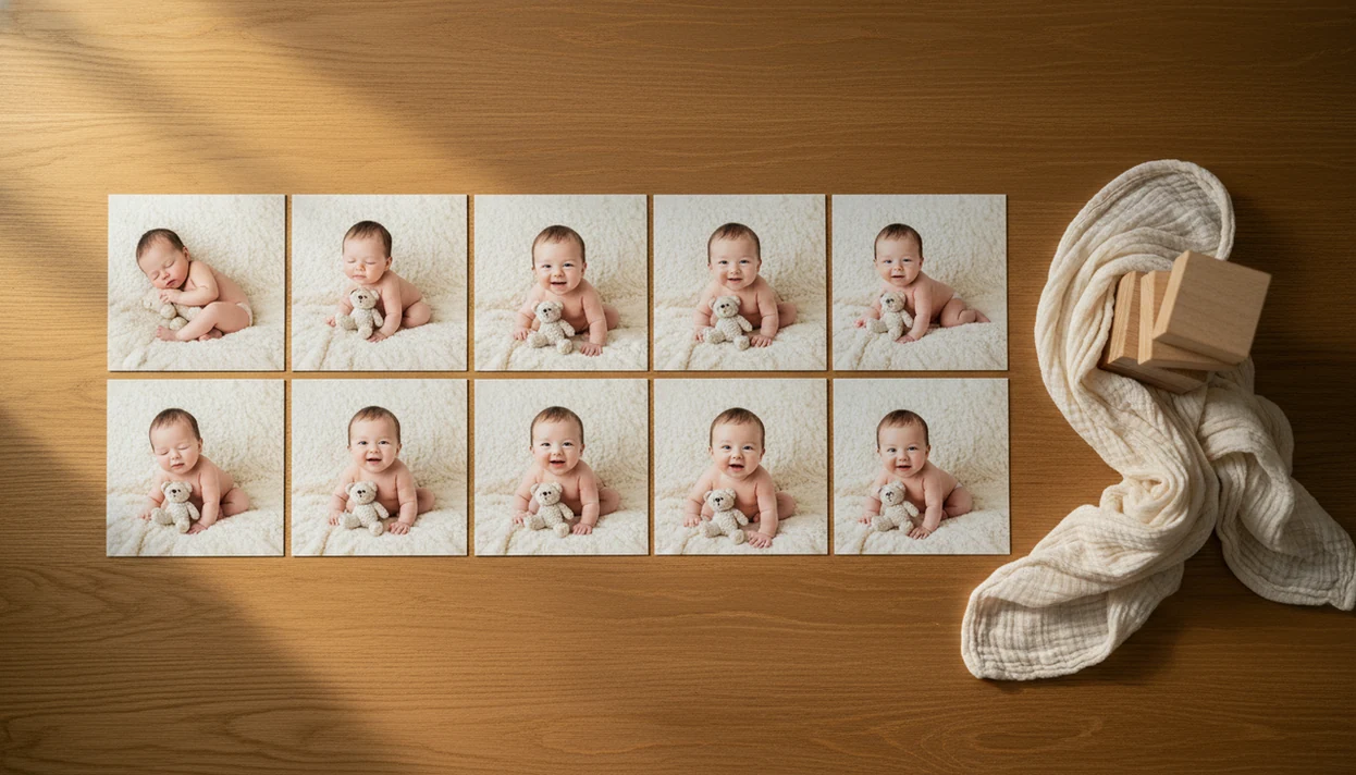 Twelve baby milestone prints are arranged in a first-year grid on a warm wooden table.
