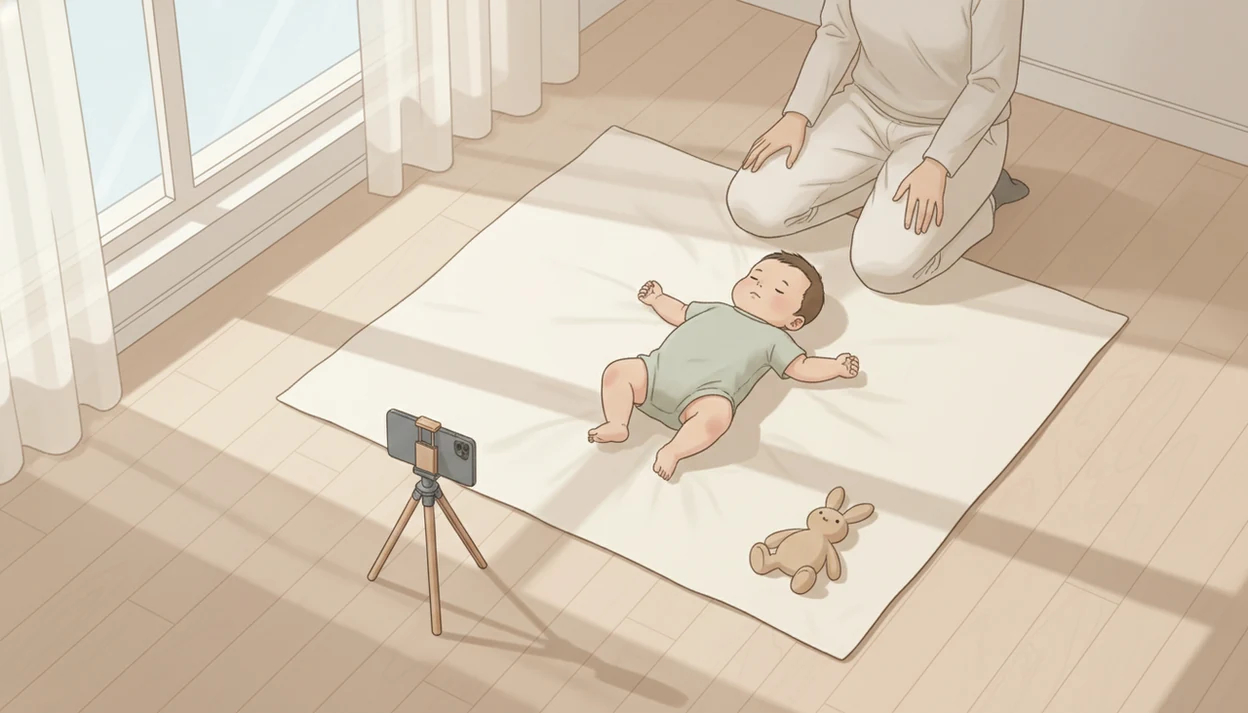 A safe home milestone photo setup shows a baby on a floor blanket near soft window light.