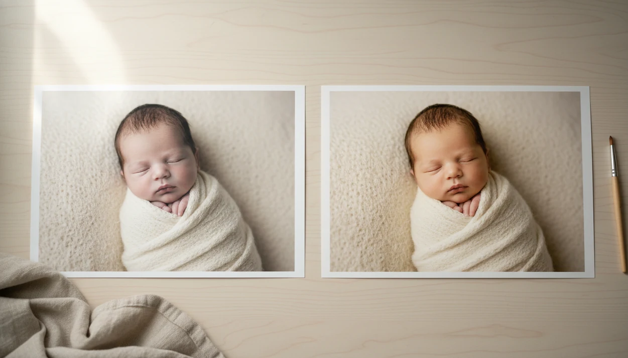 Two side-by-side newborn photo prints show a gentle natural edit preserving the baby’s real features.