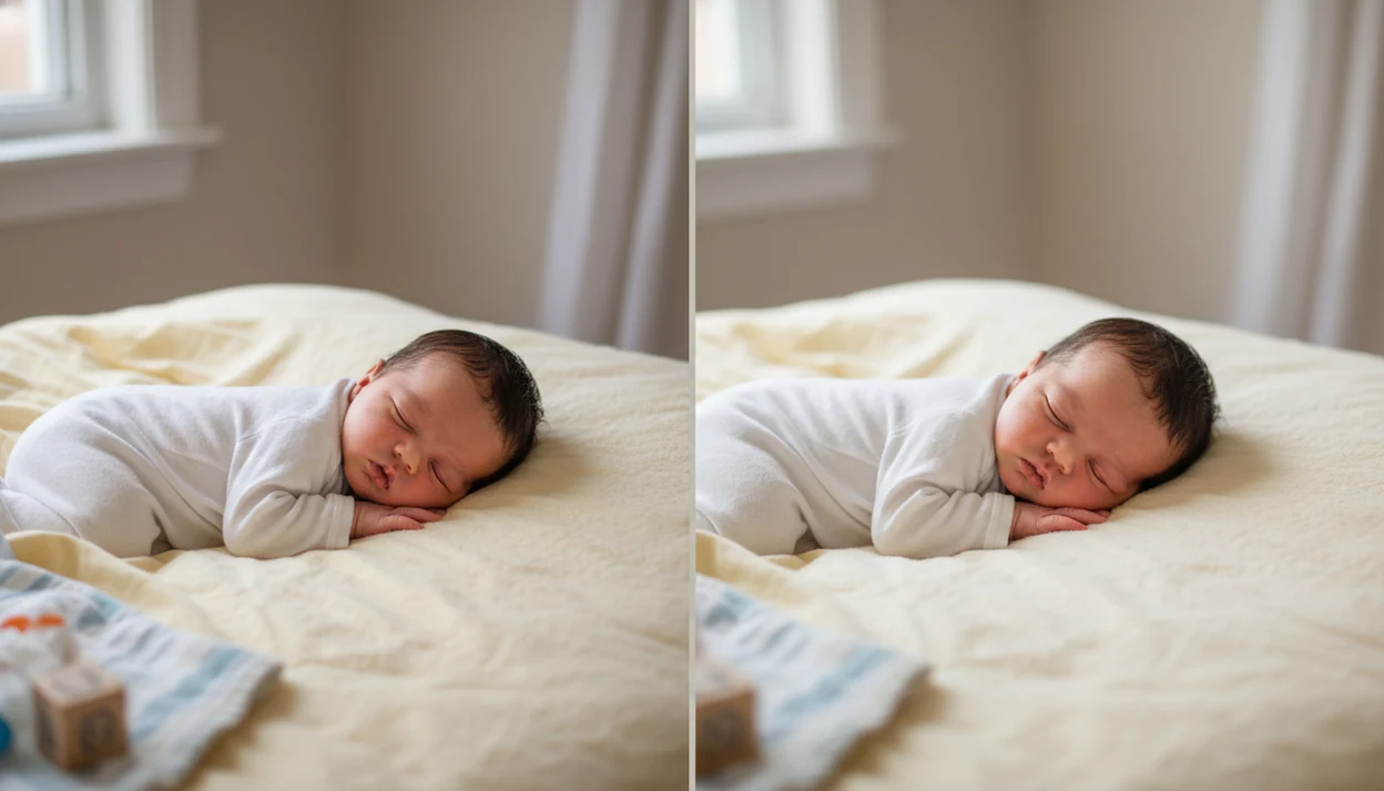 A side-by-side newborn photo comparison showing a casual snapshot refined into a cleaner natural portrait.