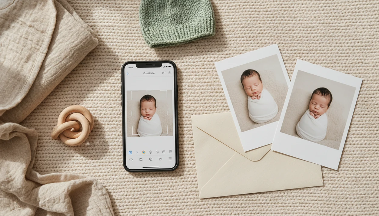 A phone, newborn photo proofs, and soft nursery props arranged for planning an Android baby contest entry.