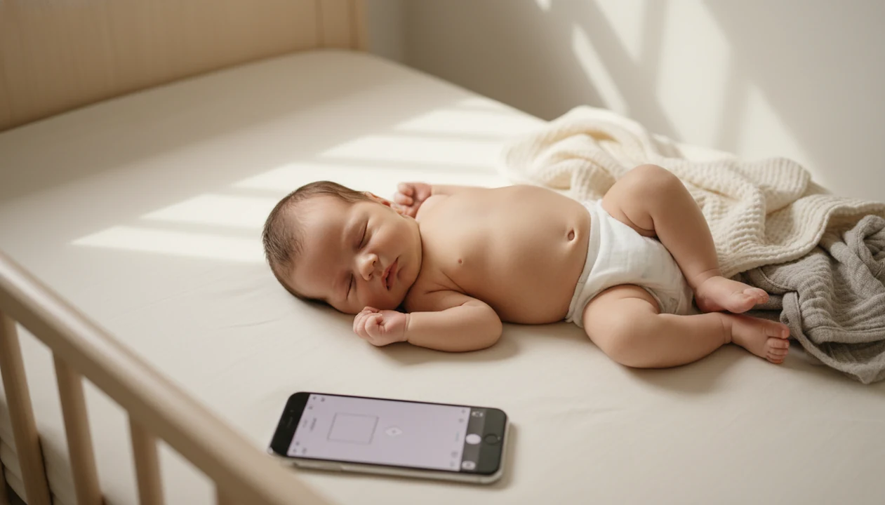 A sleeping newborn on a cream sheet beside an iPhone prepared for a safe contest photo edit.