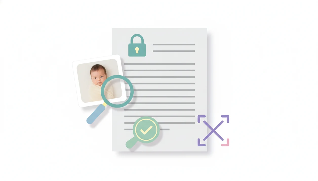An illustrated contest form, baby photo, magnifying glass, lock, and crop frame suggest checking rules and rights.