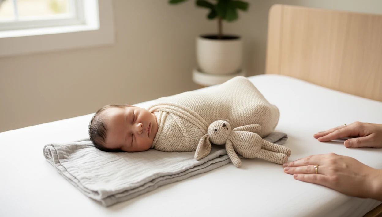 Swaddled newborn in a calm contest-ready setup.