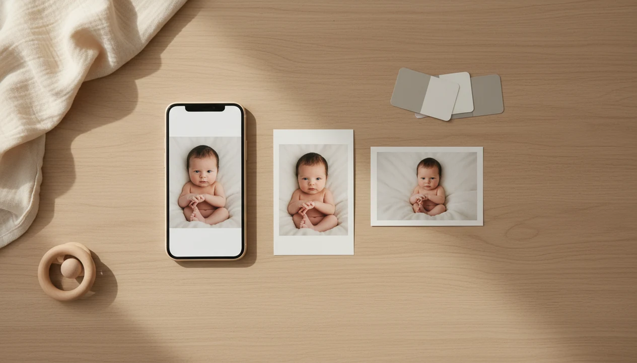 A phone and baby photo prints show subtle, natural newborn photo enhancements on a nursery table.