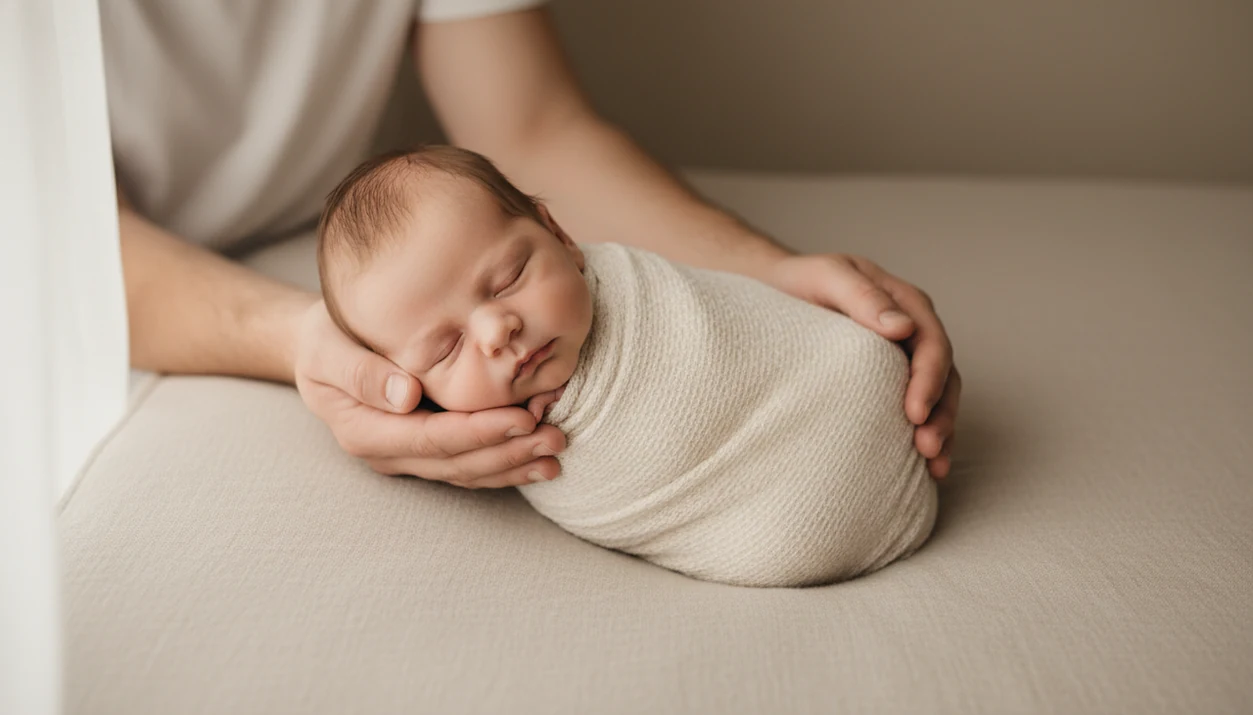 A swaddled newborn rests safely on a blanket while parents’ hands gently support and frame the baby.