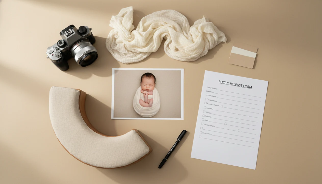 A camera, newborn photo print, blank release form, pen, and swaddle arranged for contest submission prep.