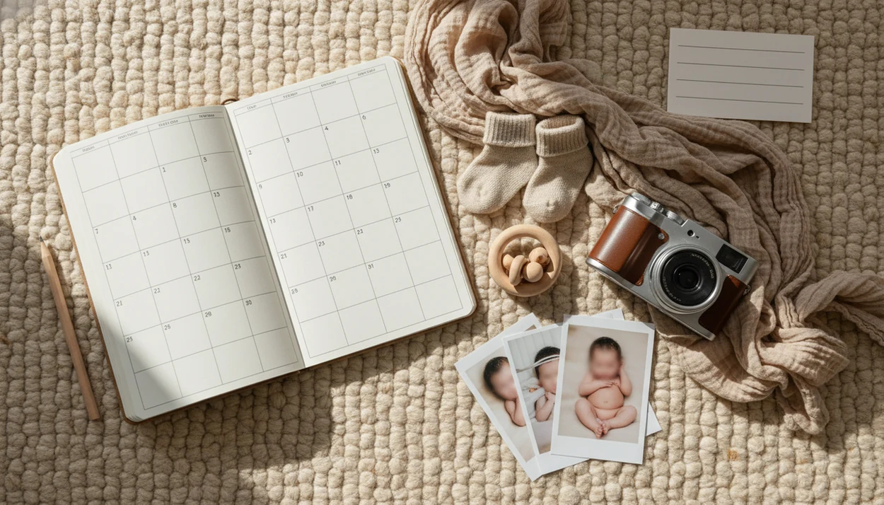 A calm nursery flat lay shows a blank planner, baby items, and camera for planning newborn photos.