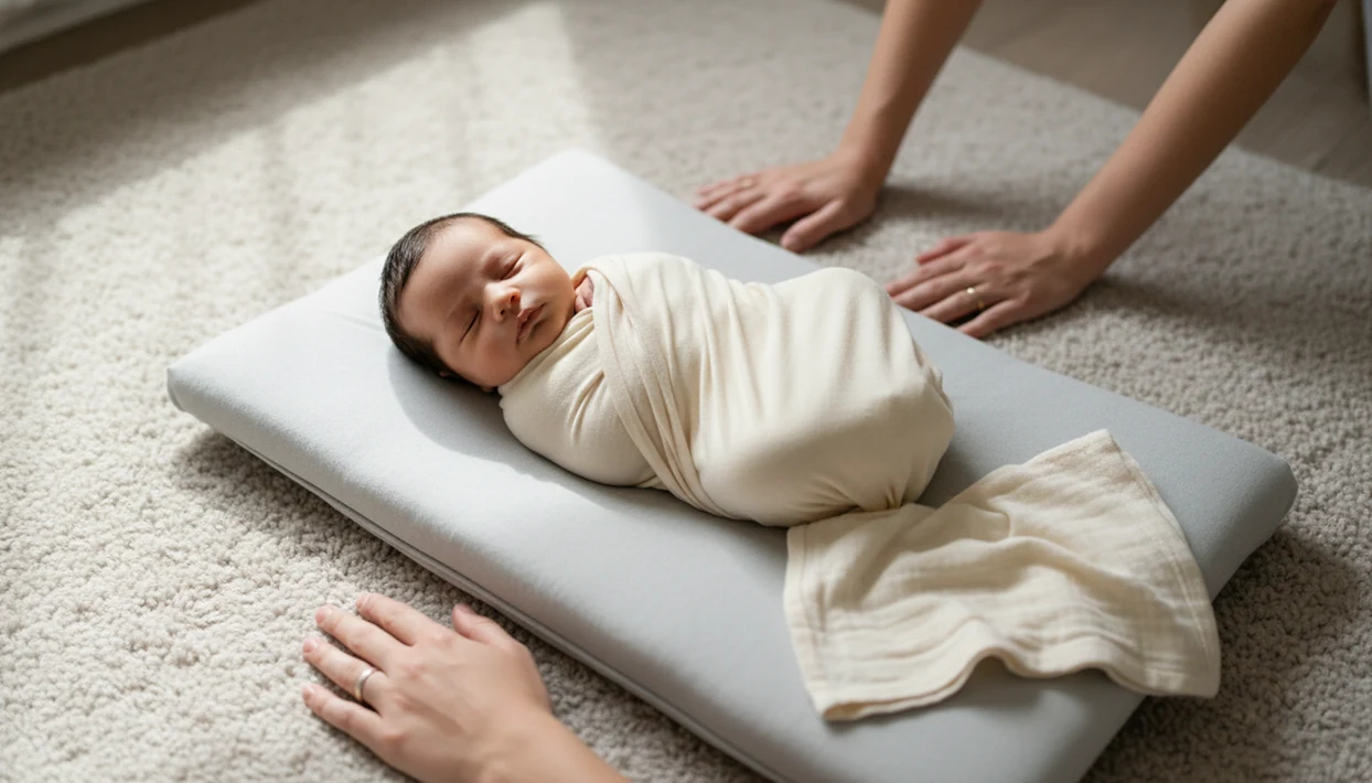 A swaddled newborn lies safely on a low flat mat with adult hands nearby for supervision.