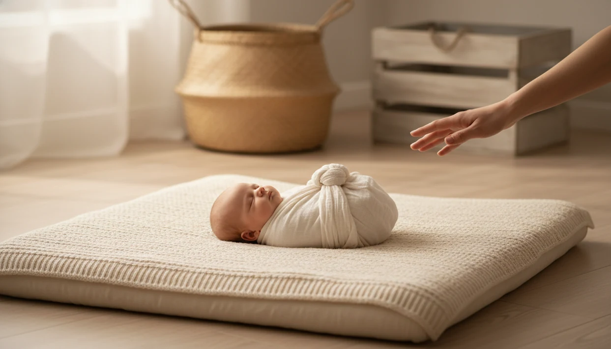 A safe newborn photo setup with a wrapped baby resting low on a soft blanket under supervision.