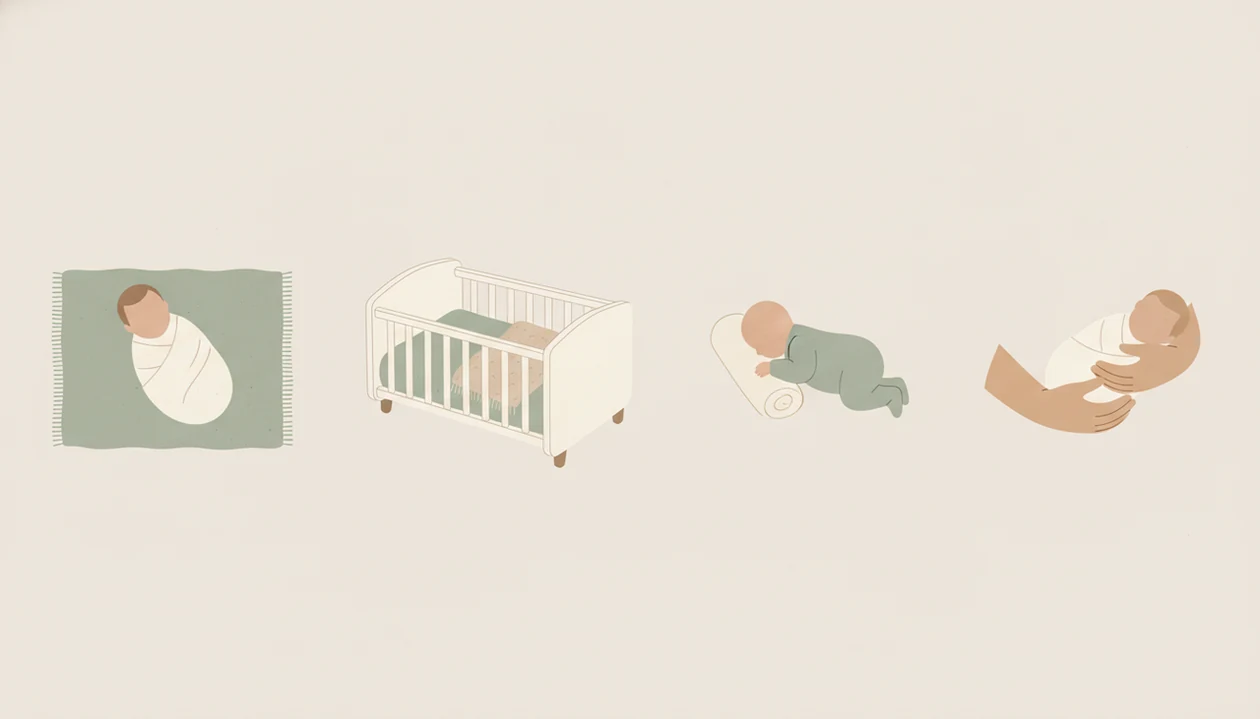 Illustrated safe newborn photo alternatives including wrapped, crib, side-lying, and parent-held poses.