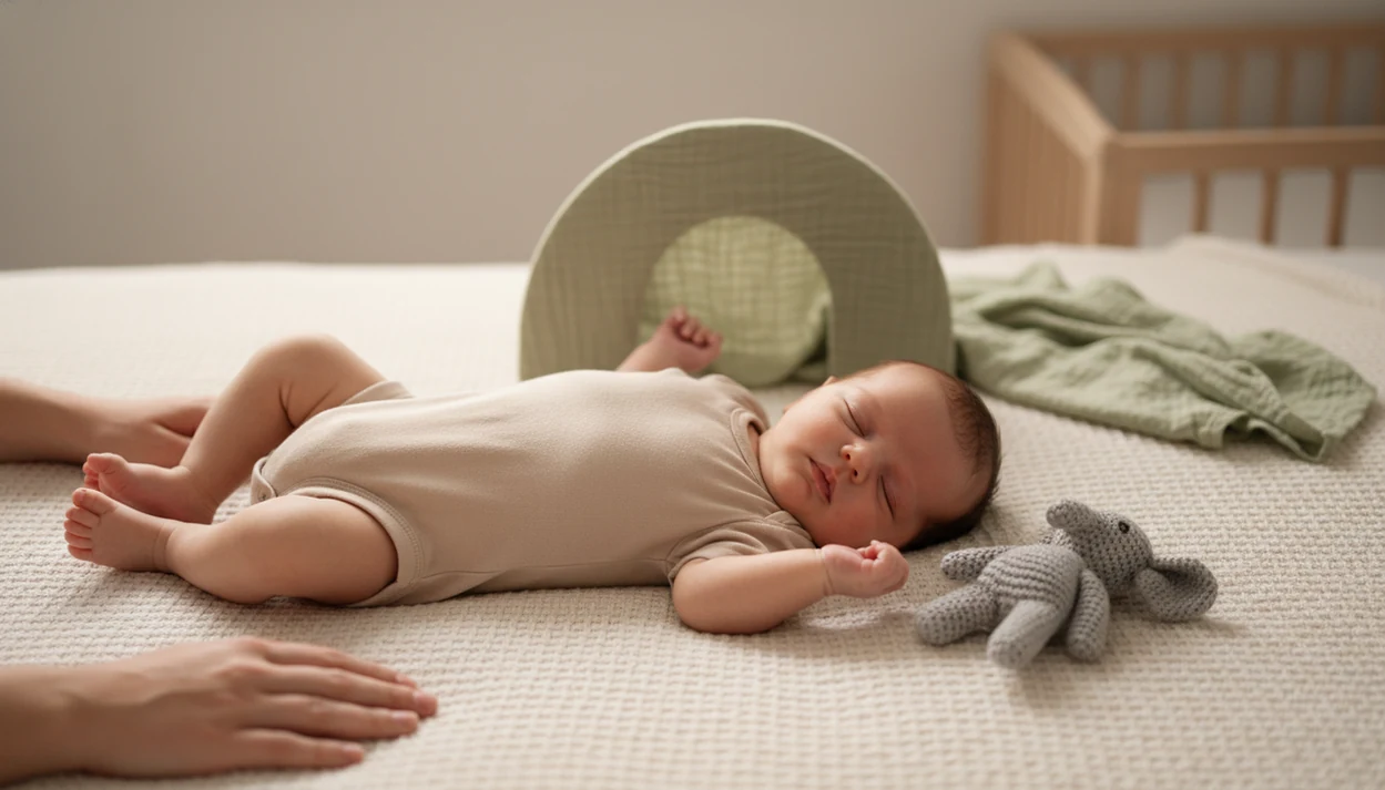 A one-month-old baby lies safely on a cream blanket beside a stuffed animal for a milestone photo.