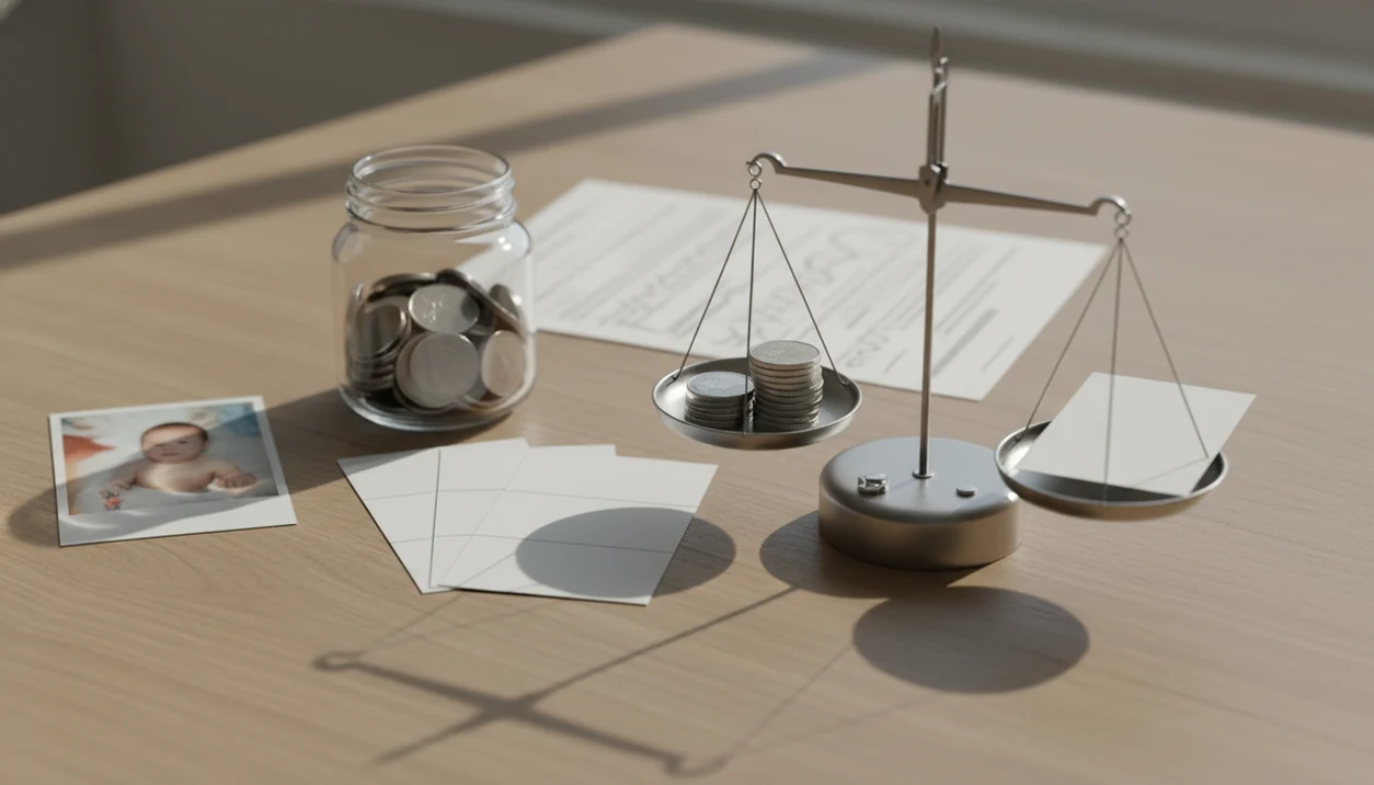 A baby contest photo, coins, blank ballots, and a balance scale suggest paid voting tradeoffs.