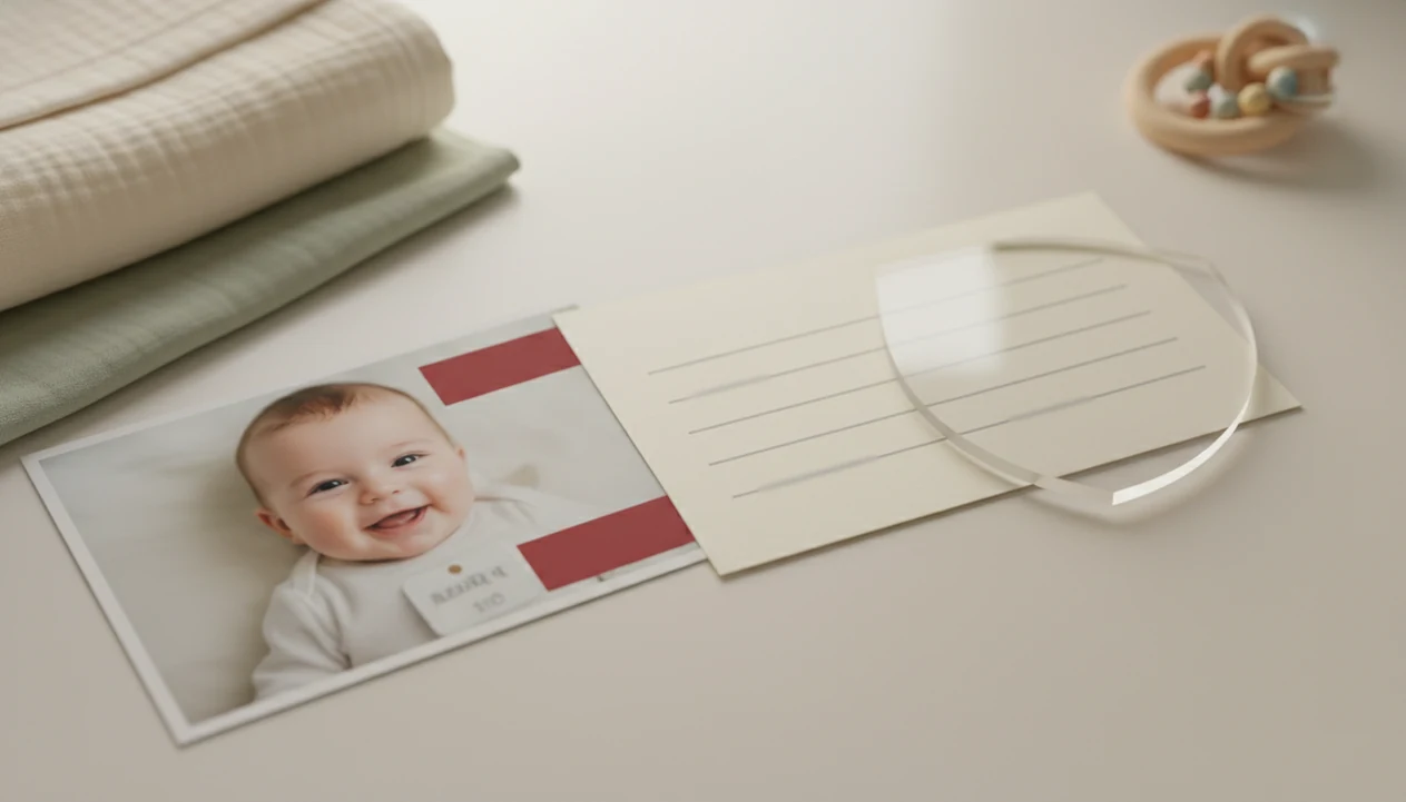 A baby photo and blurred caption card are protected by redaction strips and a clear privacy shield.