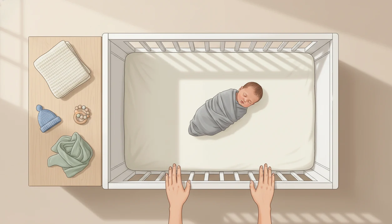 A simple nursery illustration shows a newborn on a clear crib mattress with props kept safely away.