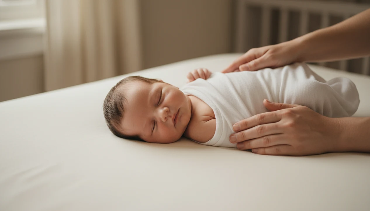 A swaddled newborn lies on a firm, uncluttered surface while a parent gently supervises nearby.