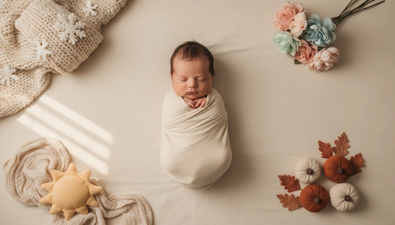 A safely swaddled newborn surrounded by soft winter, spring, summer, and fall photo props.