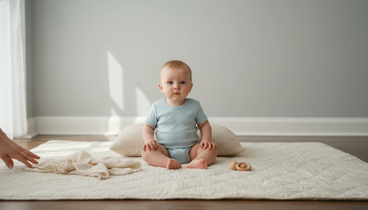 A six-month-old baby sits safely on a soft floor blanket in a simple milestone photo setup.