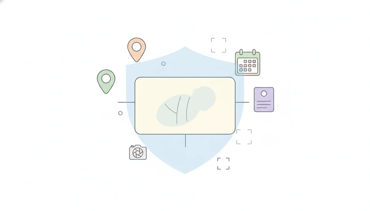 An illustrated baby photo is protected by a shield while identity and location icons fade outside it.