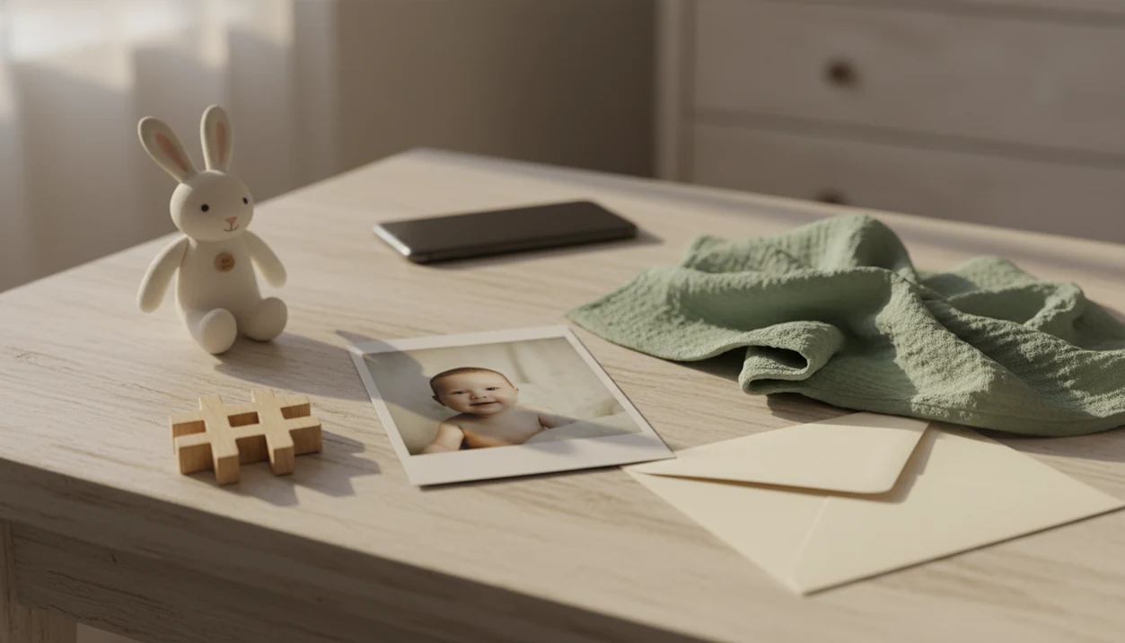 A baby photo print sits face-down with nursery items, an envelope, and a screen-down phone nearby.