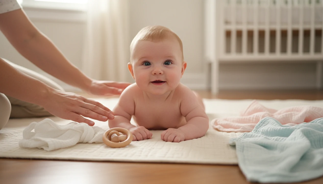 A smiling three-month-old baby on a floor quilt during a safe tummy-time milestone photo setup.