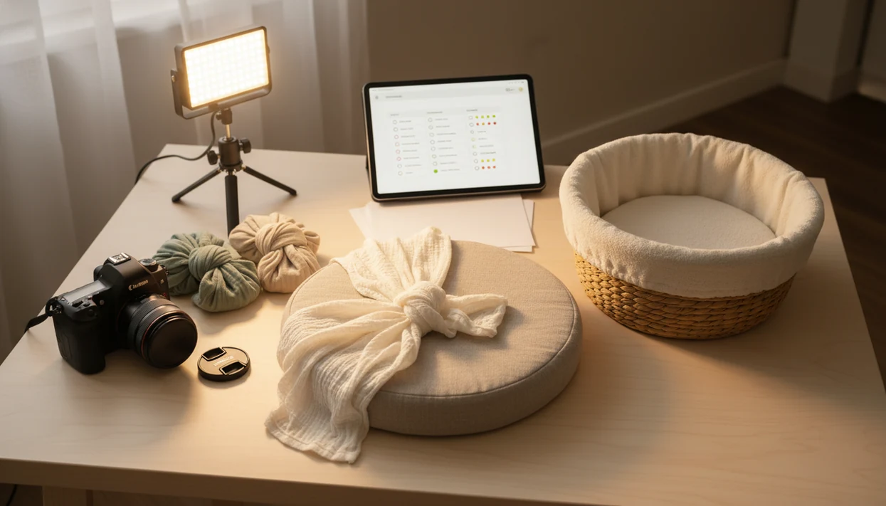A nursery flat lay shows safe newborn photo props, a camera, and a tablet with an abstract checklist.