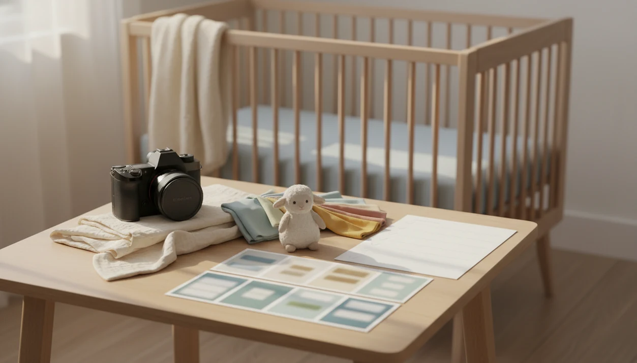 A nursery planning table with camera, blanket, swatches, and blurred mood-board images for a safe newborn shoot.