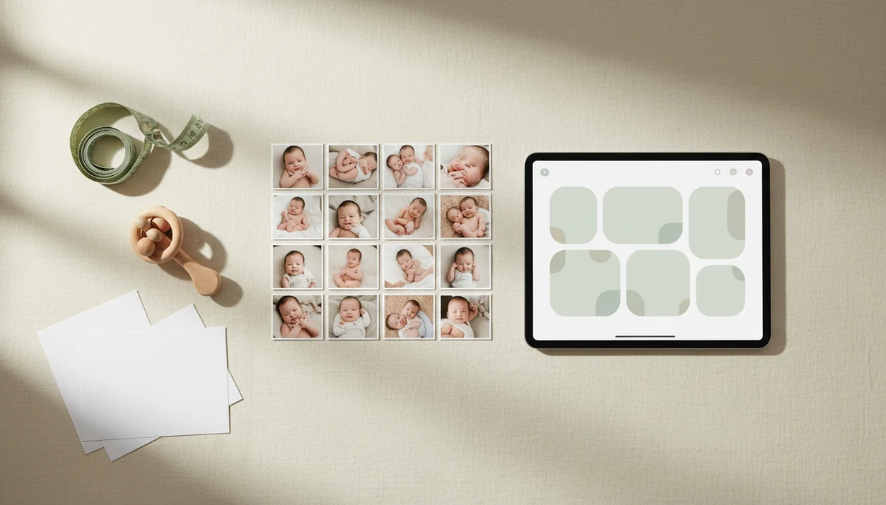 A nursery desk shows baby prints arranged into a collage beside a tablet with blank layout panels.