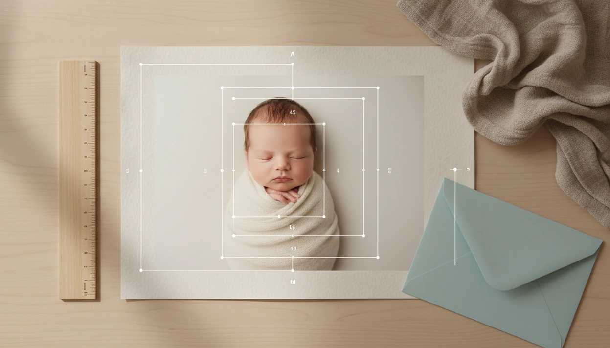 A newborn photo on a nursery desk with translucent crop frames showing contest-ready framing options.