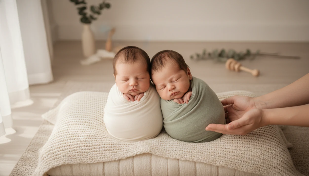 Two safely swaddled newborn twins lie side by side on a low padded blanket with caregiver hands nearby.