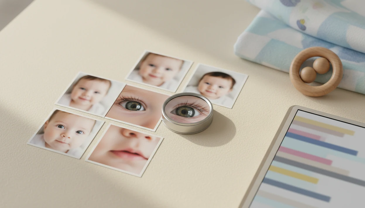 A loupe highlights the sharpest baby portrait among several softly blurred contest photo prints.