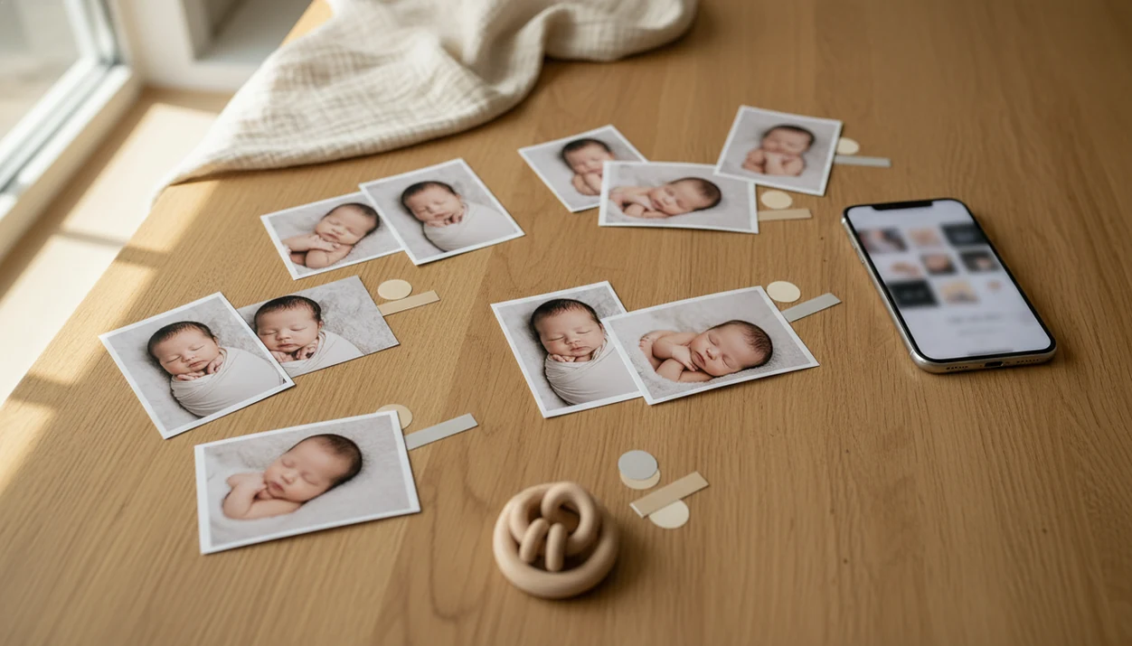 Printed baby photos are grouped into similar sets beside a phone for duplicate sorting.