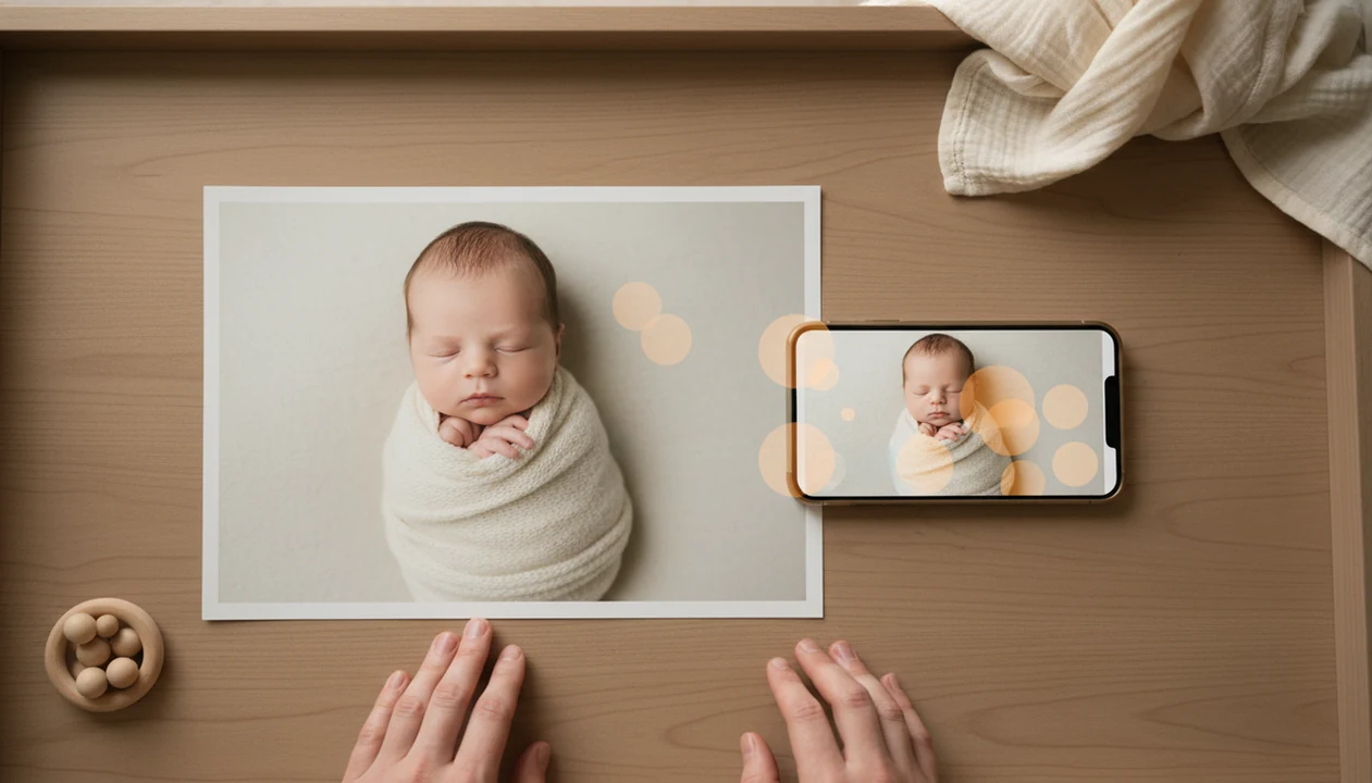 A phone reviews a newborn portrait with abstract safety markers beside soft nursery items.