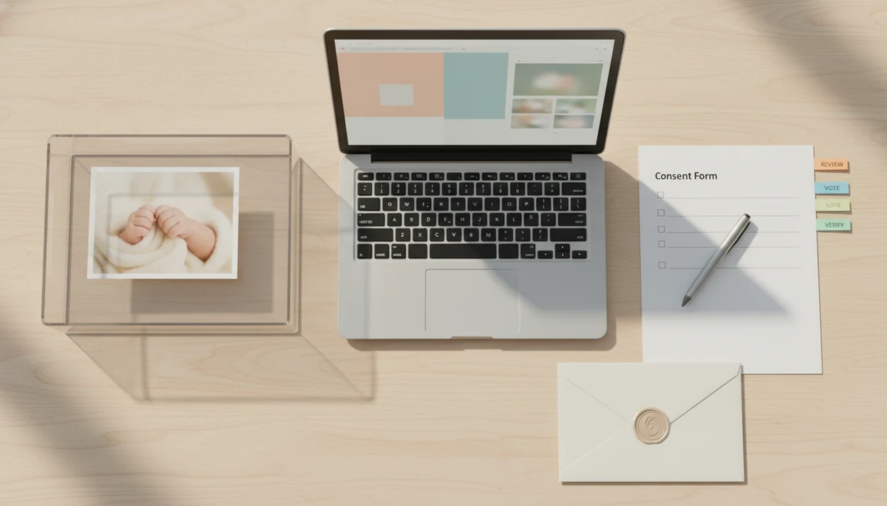 A baby photo, consent form, laptop, and review materials arranged to show an online contest entry process.
