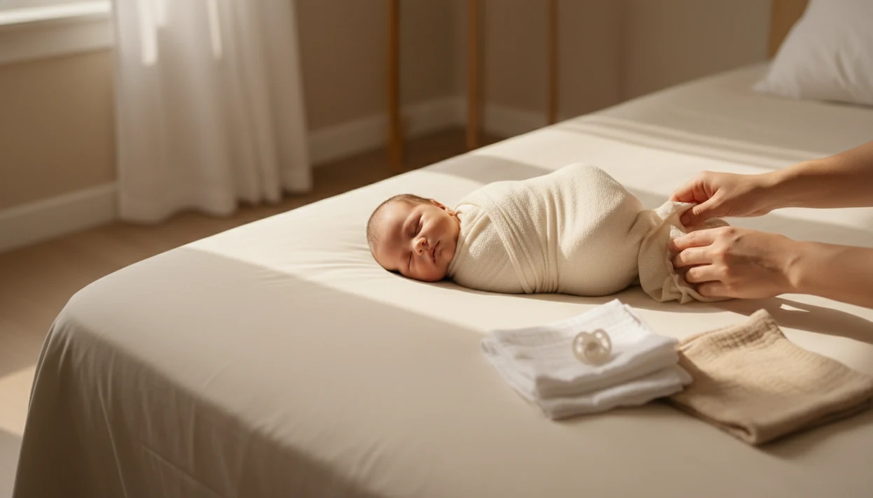 A swaddled newborn rests on a simple cream sheet beside a softly lit home window.