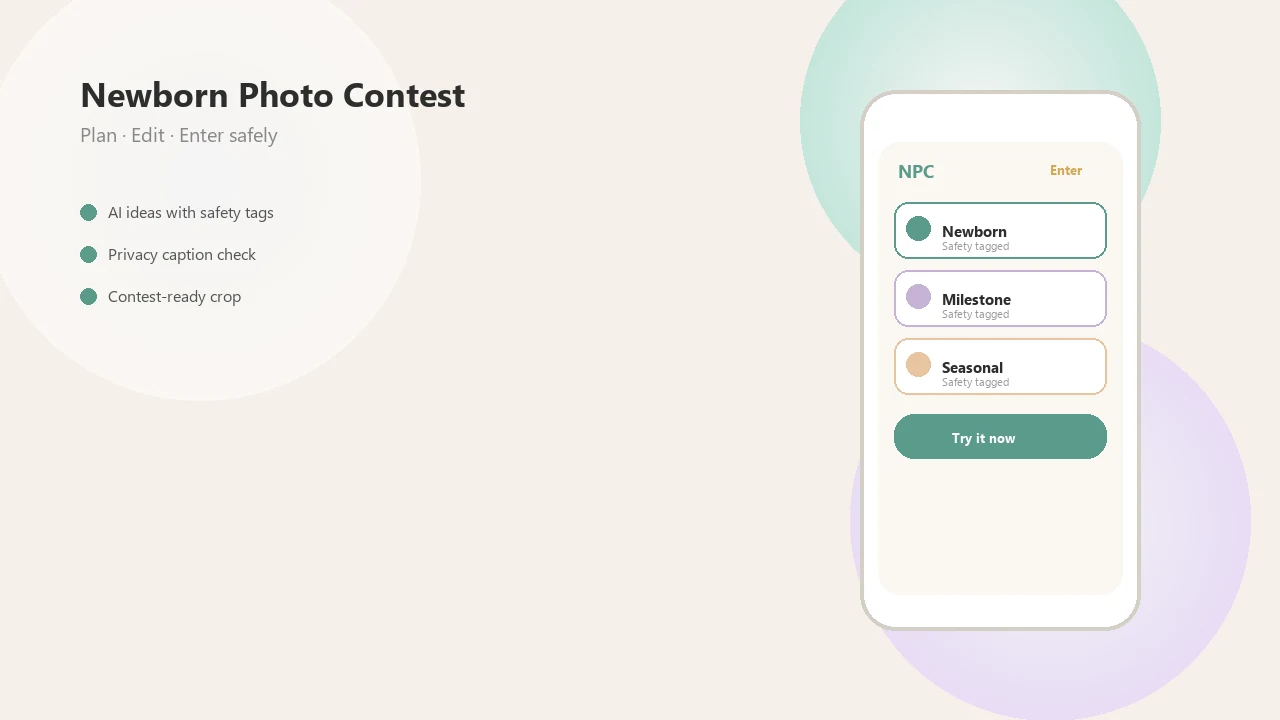 Newborn Photo App showing contest themes, safety tags, and entry workflow.